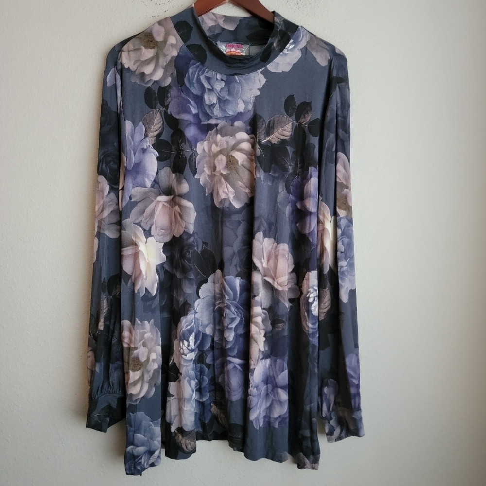 Johnny Was Janie Grey Peony Puff Sleeve Mock Neck size 3X NWT
